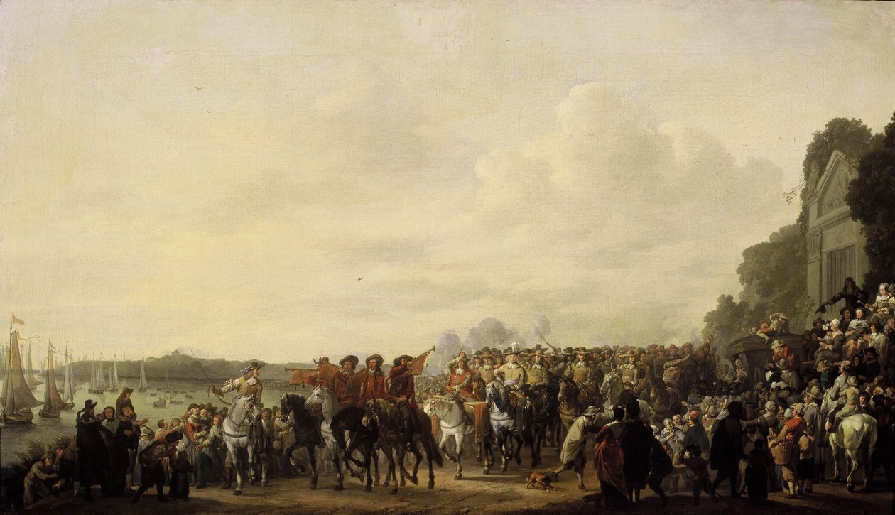 Karel II stopt bij het landgoed van Wema aan de Rotte op zijn reis van Rotterdam naar Den Haag, 25 mei 1660 door Johannes Lingelbach