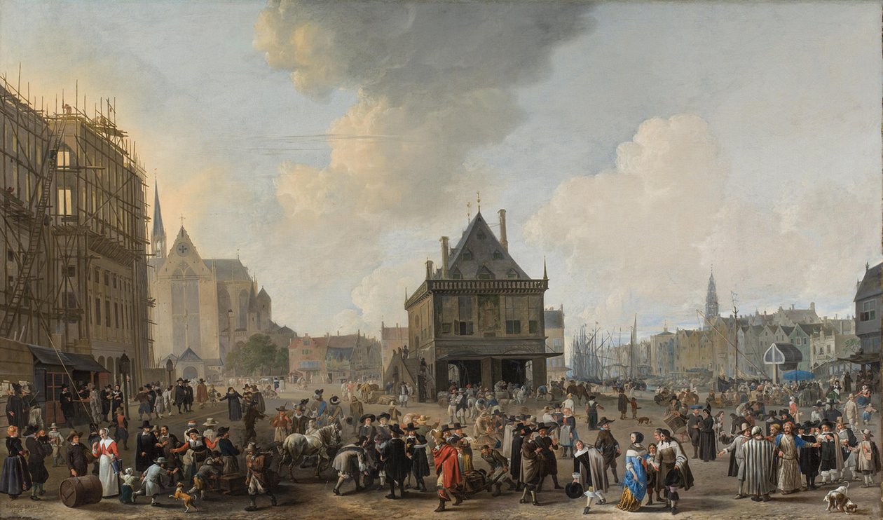 De Dam, gezien naar het noorden, met het stadhuis in aanbouw door Johannes Lingelbach