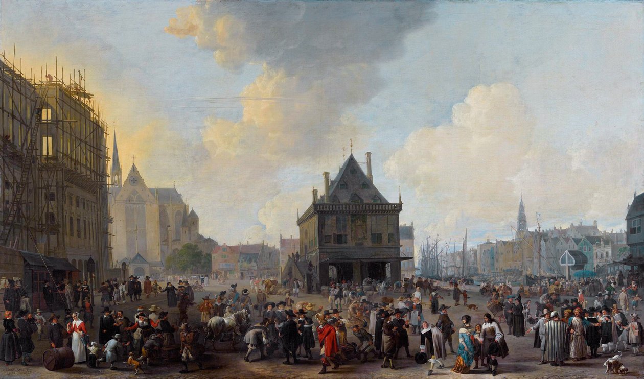 Dutch: De Dam, gezien naar het Noorden, met het Stadhuis in aanbouw Dam Square with the new Town Hall under Construction door Johannes Lingelbach