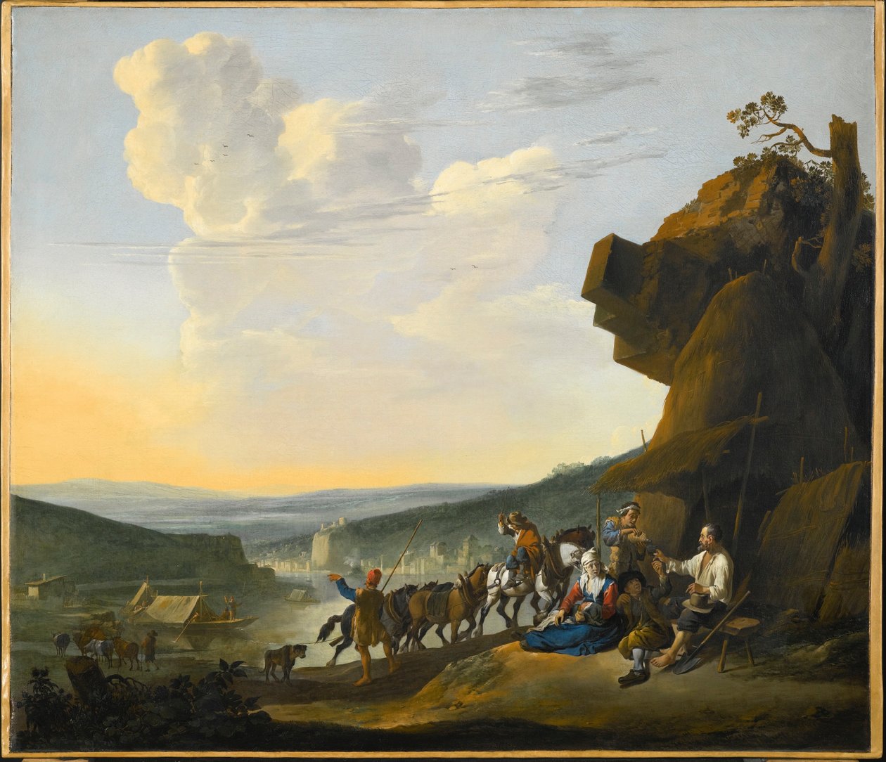 Duits: Südliche Landschaft mit Fähre Zuidelijk landschap met uitzicht op een baai, met rustende reizigers door Johannes Lingelbach