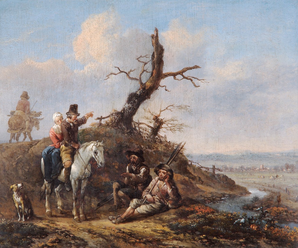 Landschap met reizigers rustend en een paar te paard door Johannes Lingelbach