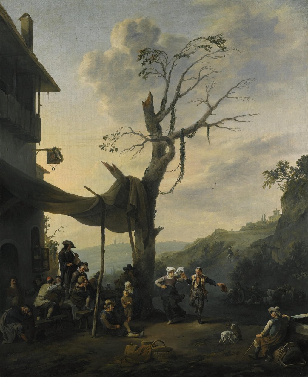 Berglandschap met dansende en musicerende boeren voor een herberg door Johannes Lingelbach