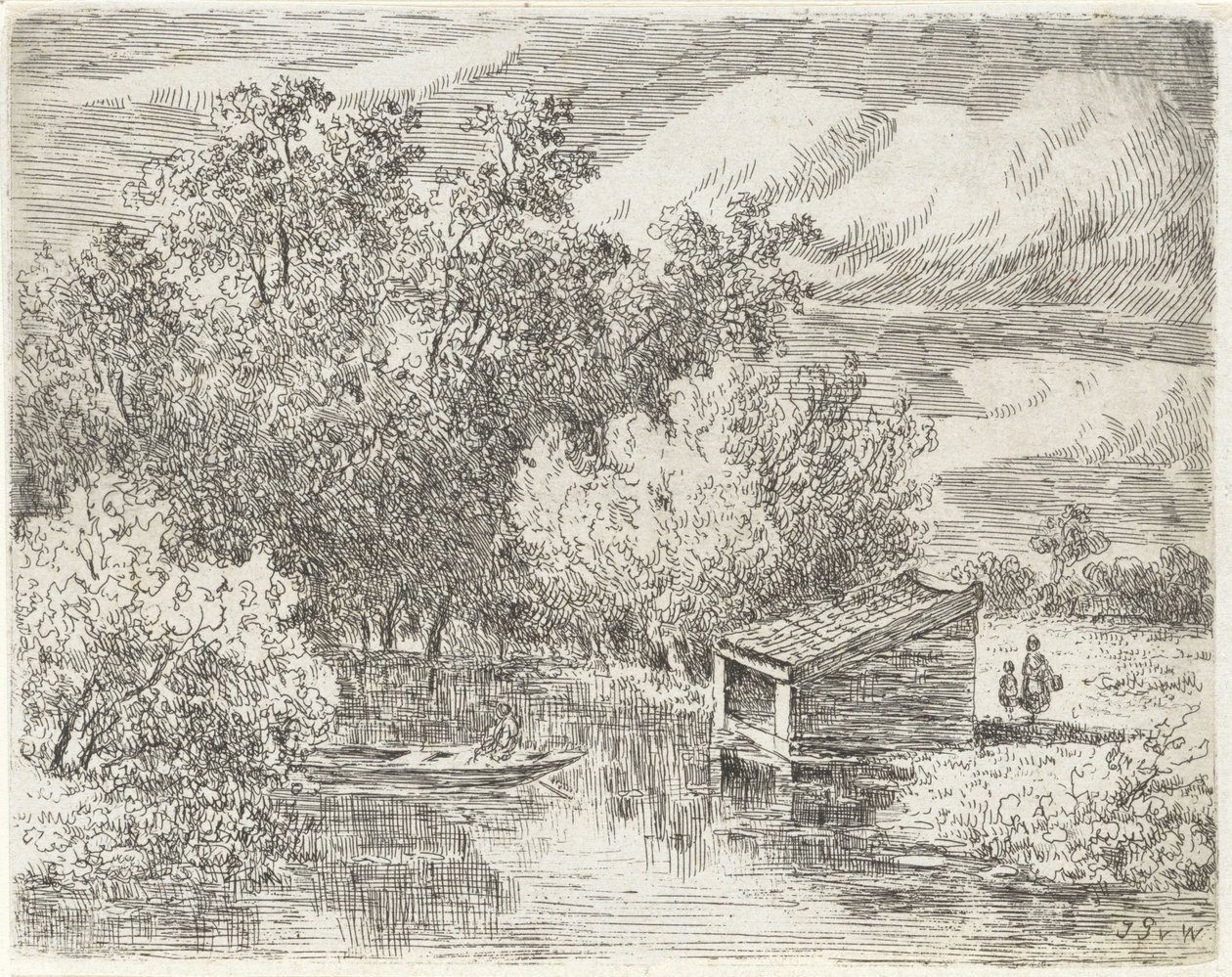 Boothuis aan een rivier door Johannes Pieter van Wisselingh