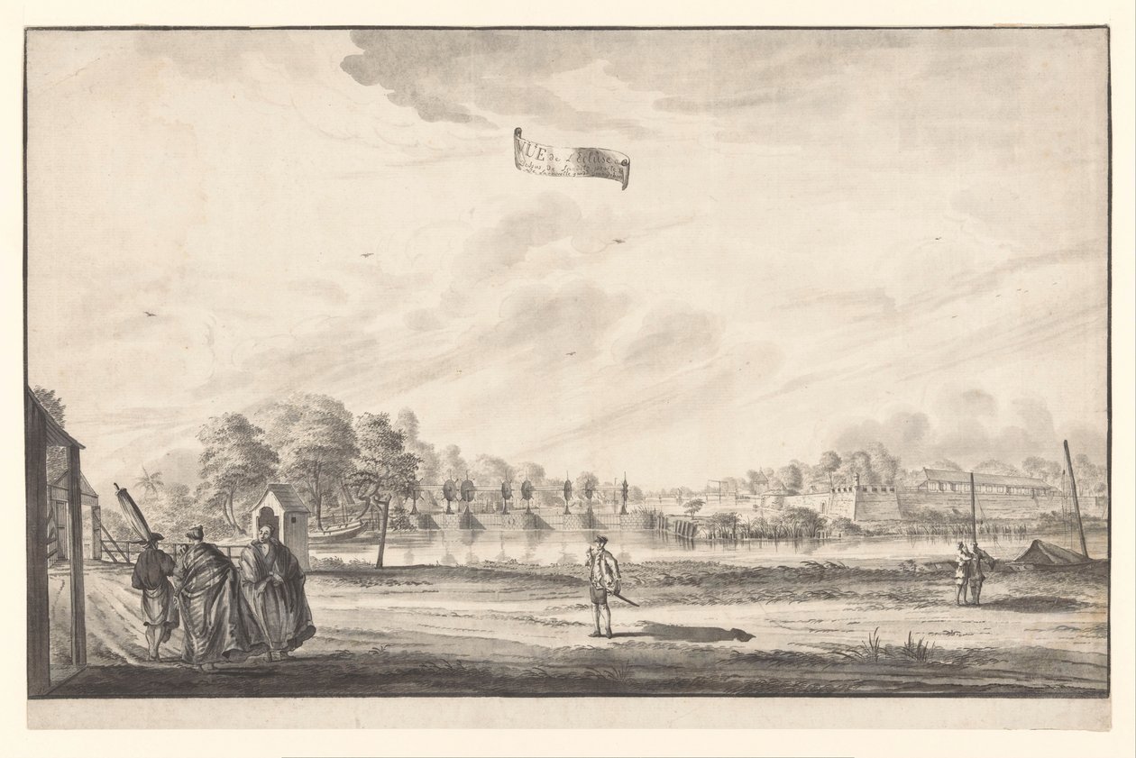 Gezicht op de sluis bij de Diestpoort te Batavia door Johannes Rach