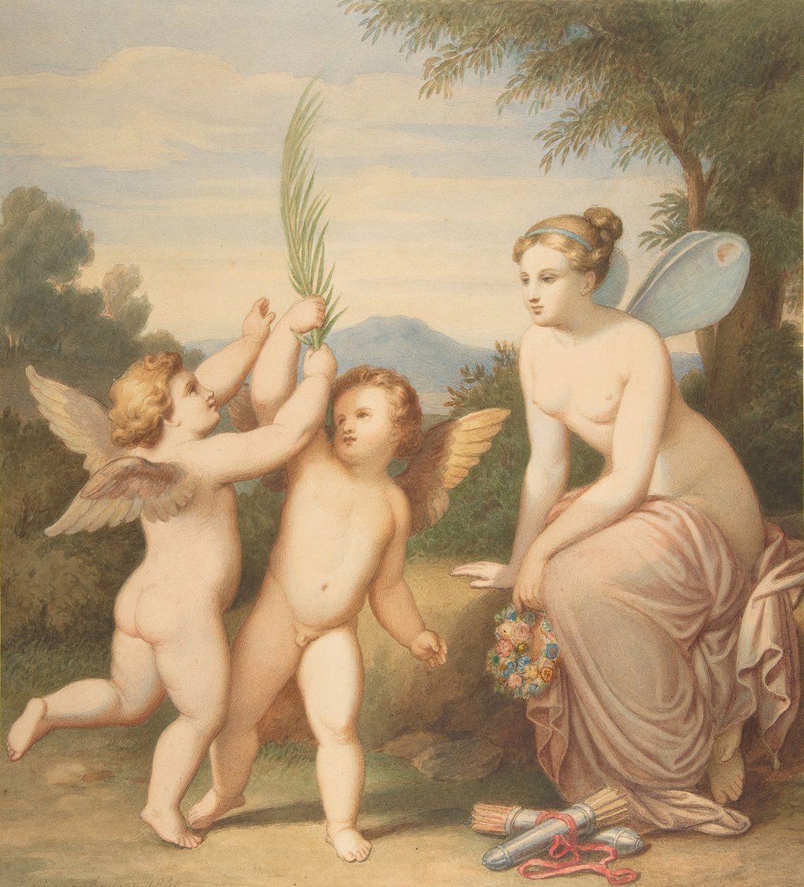 Eros en Anteros met Psyche die naar hen kijkt door Johannes Riepenhausen