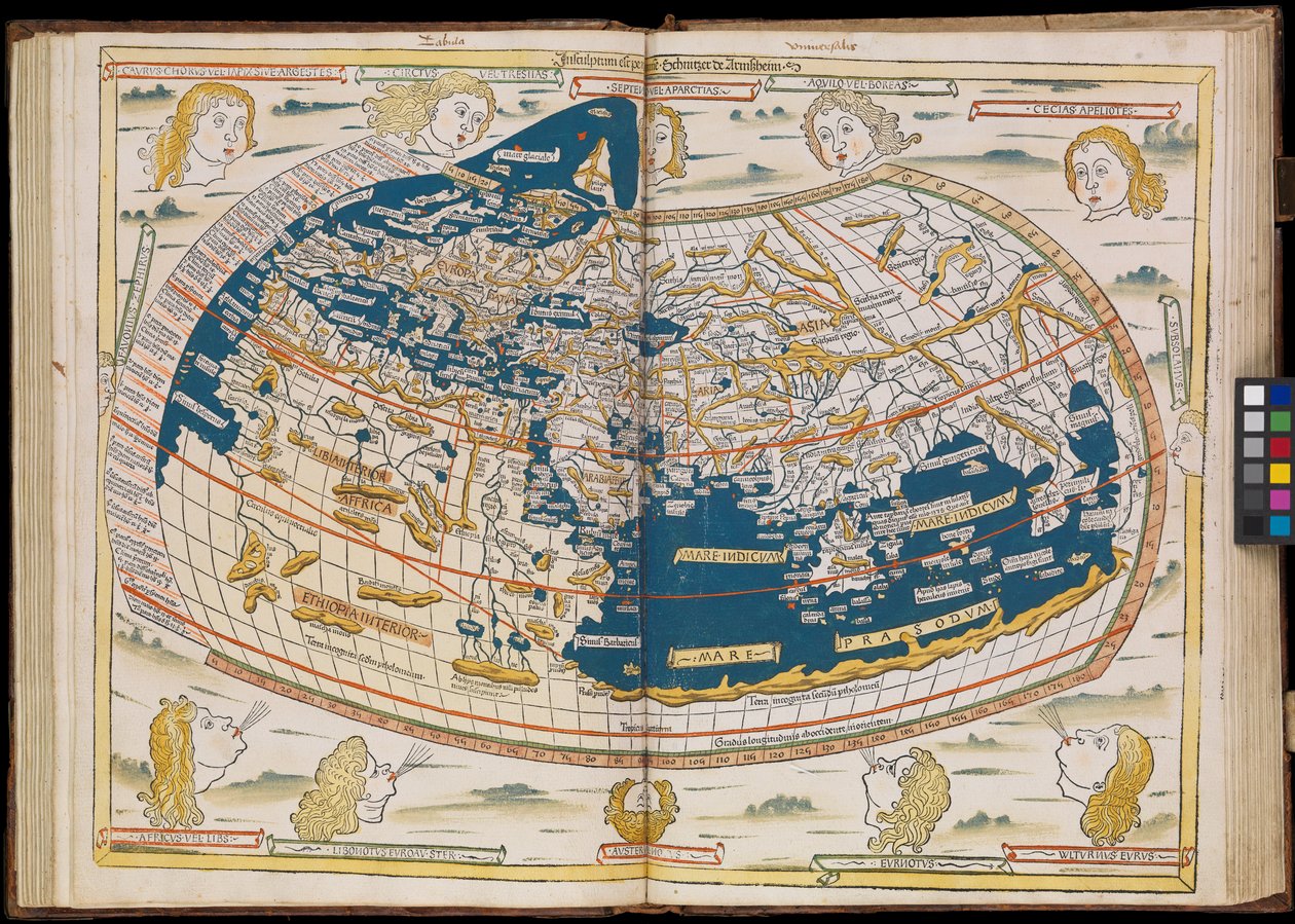 De eerste editie van Ptolemaeus gedrukt in Duitsland, en de eerste met houtsnede kaarten. Originele binding. door Johannes Schnitzer