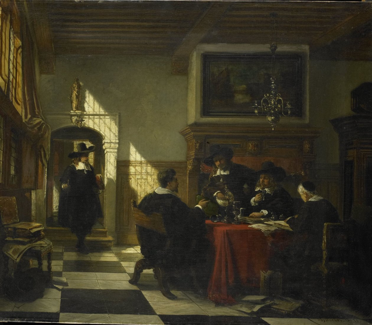 Gezelschap in 17e-eeuwse dracht bij een tafel waarop een Nautilusbeker door Johannes Stroebel