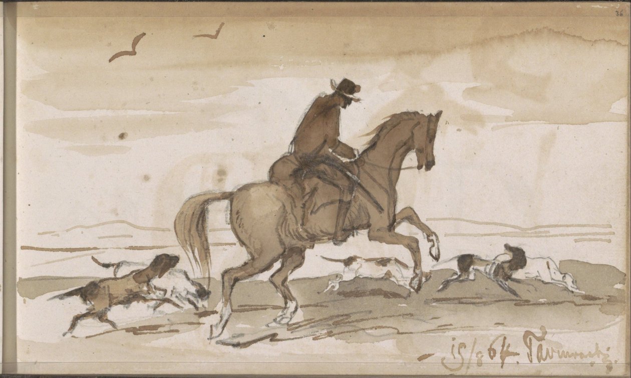 Landschap met een ruiter en rennende honden door Johannes Tavenraat