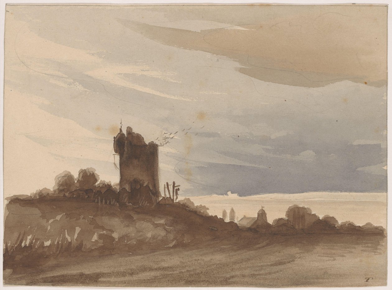 Landschap met vervallen toren door Johannes Tavenraat