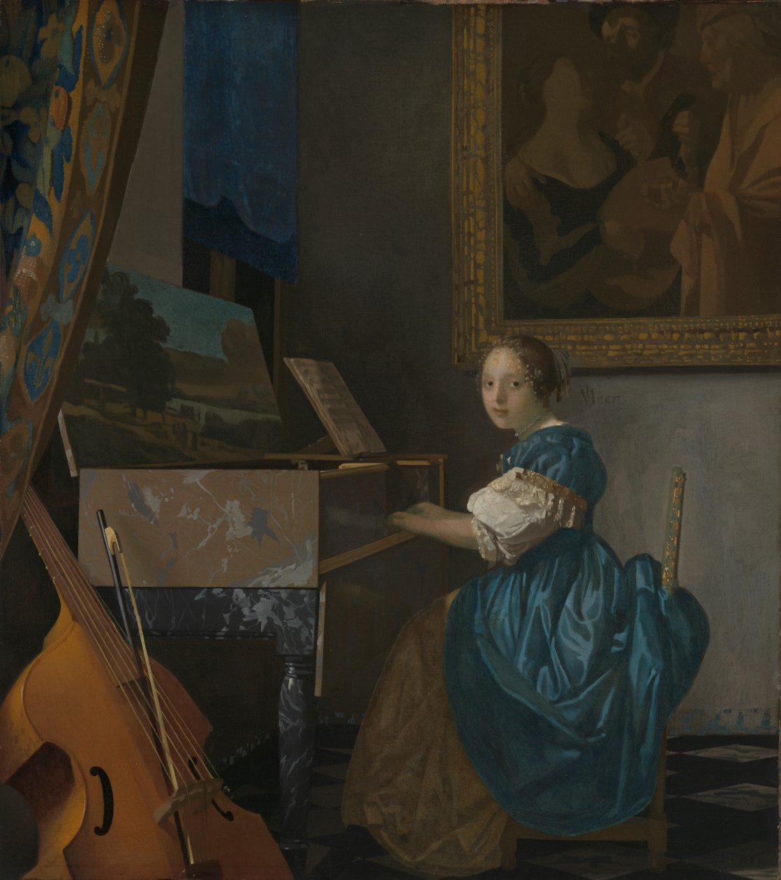 Eine junge Frau sitzt an einem Virginal door Johannes Vermeer