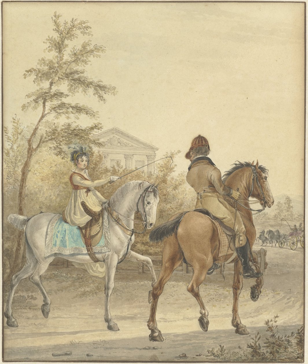 Man en een vrouw te paard op een landweg door Johannes Vinkeles