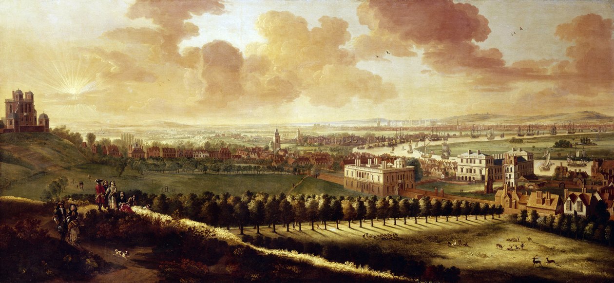 Uitzicht op Greenwich en Londen, circa 1680, met het Koninklijk Observatorium links, in het midden het Queen