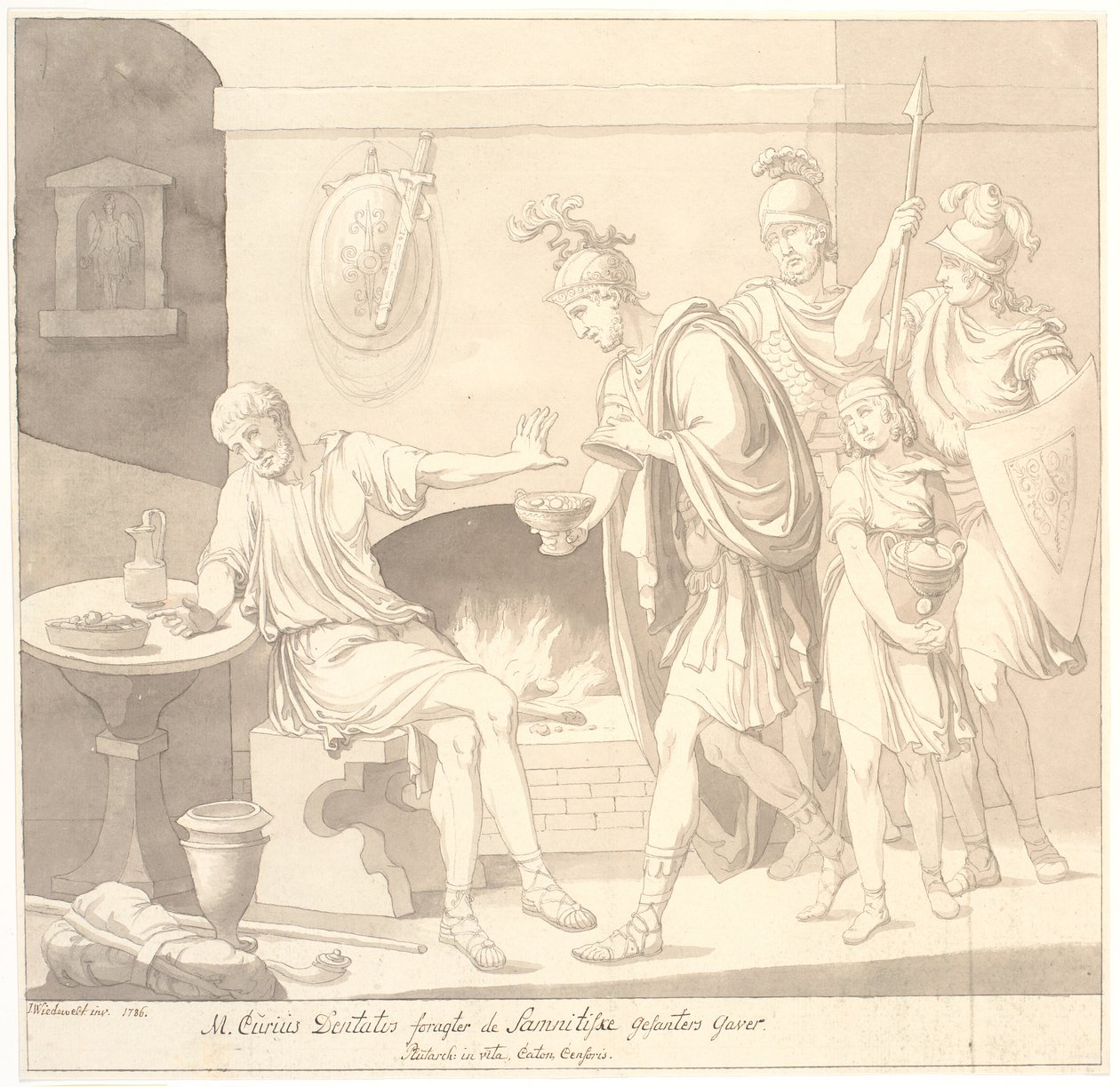 M. Curius Dantatus veracht de geschenken van de Samnitische gezanten. Plutach: in vita. Caton Censoris. door Johannes Wiedewelt