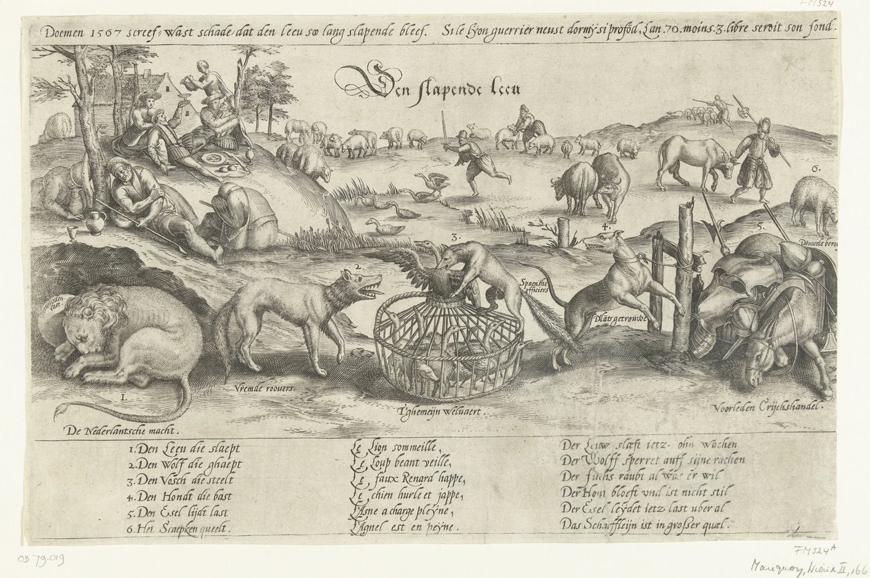 De slapende leeuw, 1567 (Vier allegorieën op de gebeurtenissen tussen 1576-1579 in de Nederlanden) door Johannes Wierix (attributed to)
