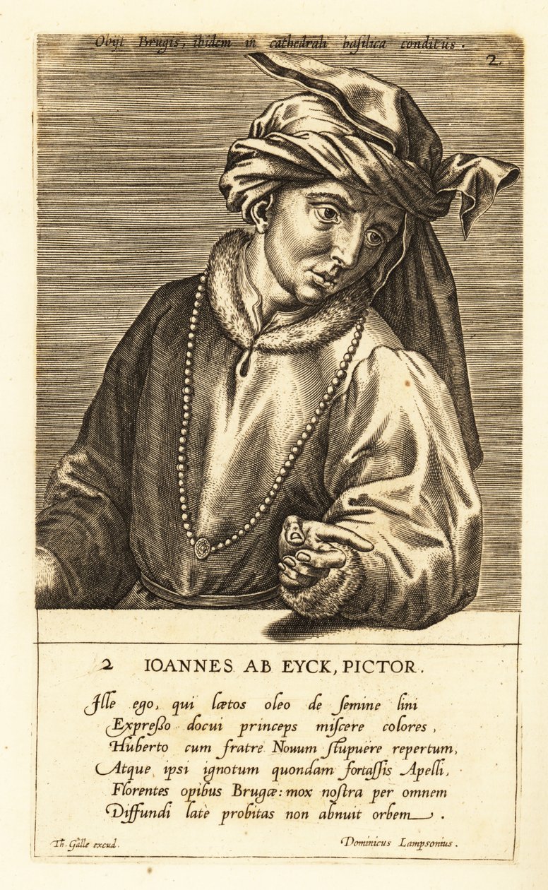 Portret van Jan van Eyck, Nederlandse schilder van de vroege Noordelijke Renaissancekunst door Johannes Wierix