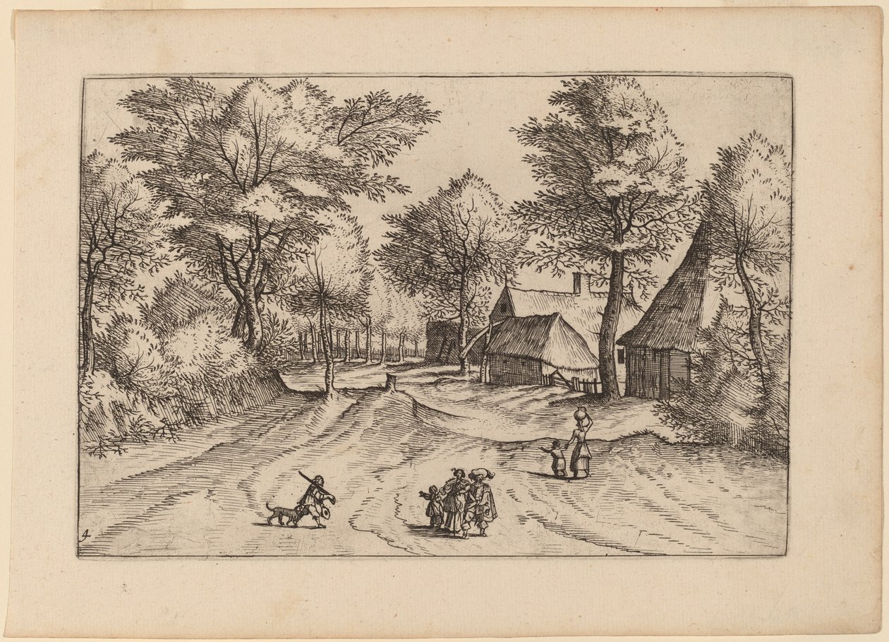 Dorpstraat met boerderij en schuren door Johannes and Lucas van Doetechum after Master of the Small Landscapes