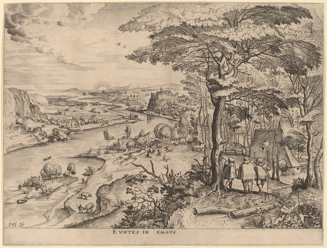 De Pelgrims naar Emmaus door Johannes and Lucas van Doetechum after Pieter Bruegel the Elder