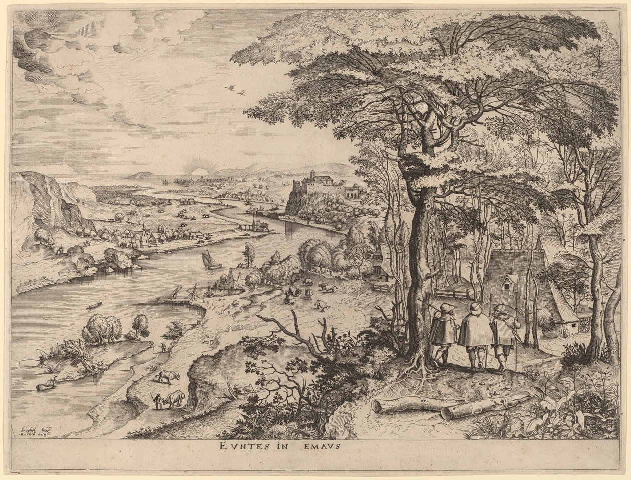 Euntes in Emaus (De pelgrims naar Emmaus) door Johannes and Lucas van Doetechum after Pieter Bruegel the Elder