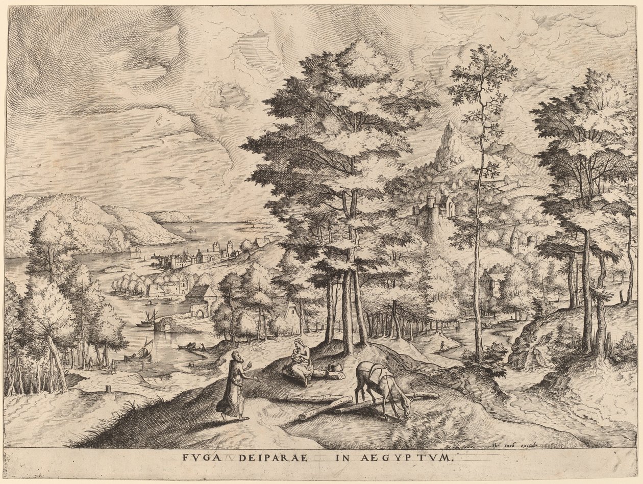 De vlucht naar Egypte door Johannes and Lucas van Doetechum after Pieter Bruegel the Elder