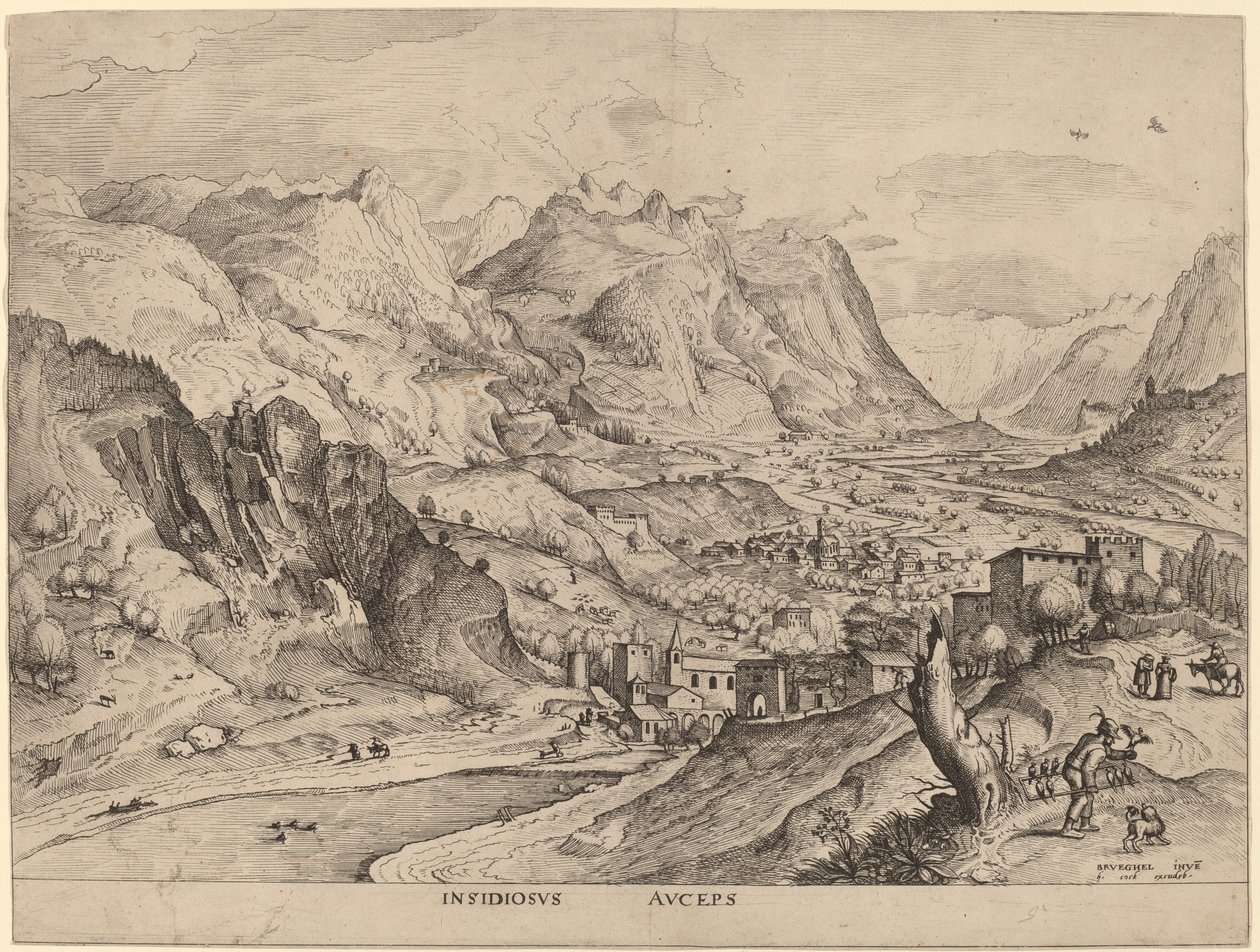 Insidiosus Auceps (De sluwe vogelvanger) door Johannes and Lucas van Doetechum after Pieter Bruegel the Elder