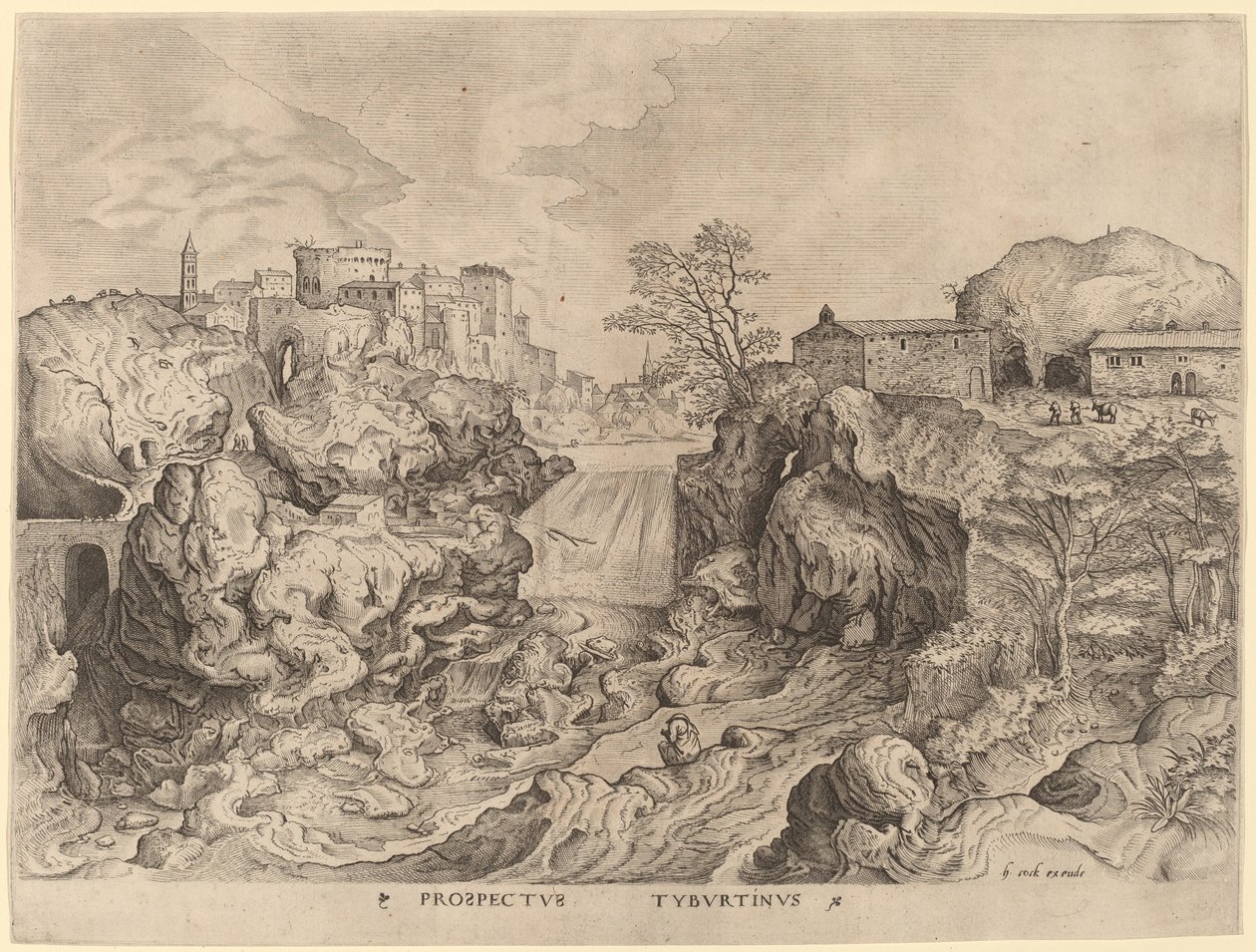 Prospectus Tyburtinus (Uitzicht op de Tiber) door Johannes and Lucas van Doetechum after Pieter Bruegel the Elder