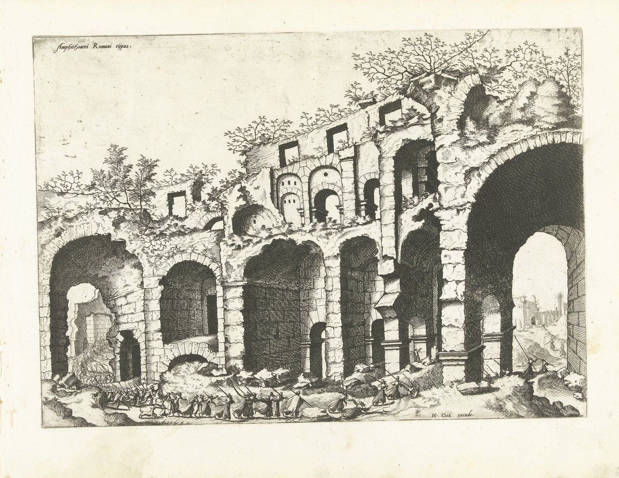 Gezicht op een amfitheater waarschijnlijk het Colosseum door Johannes of Lucas van Doetechum (attributed to)