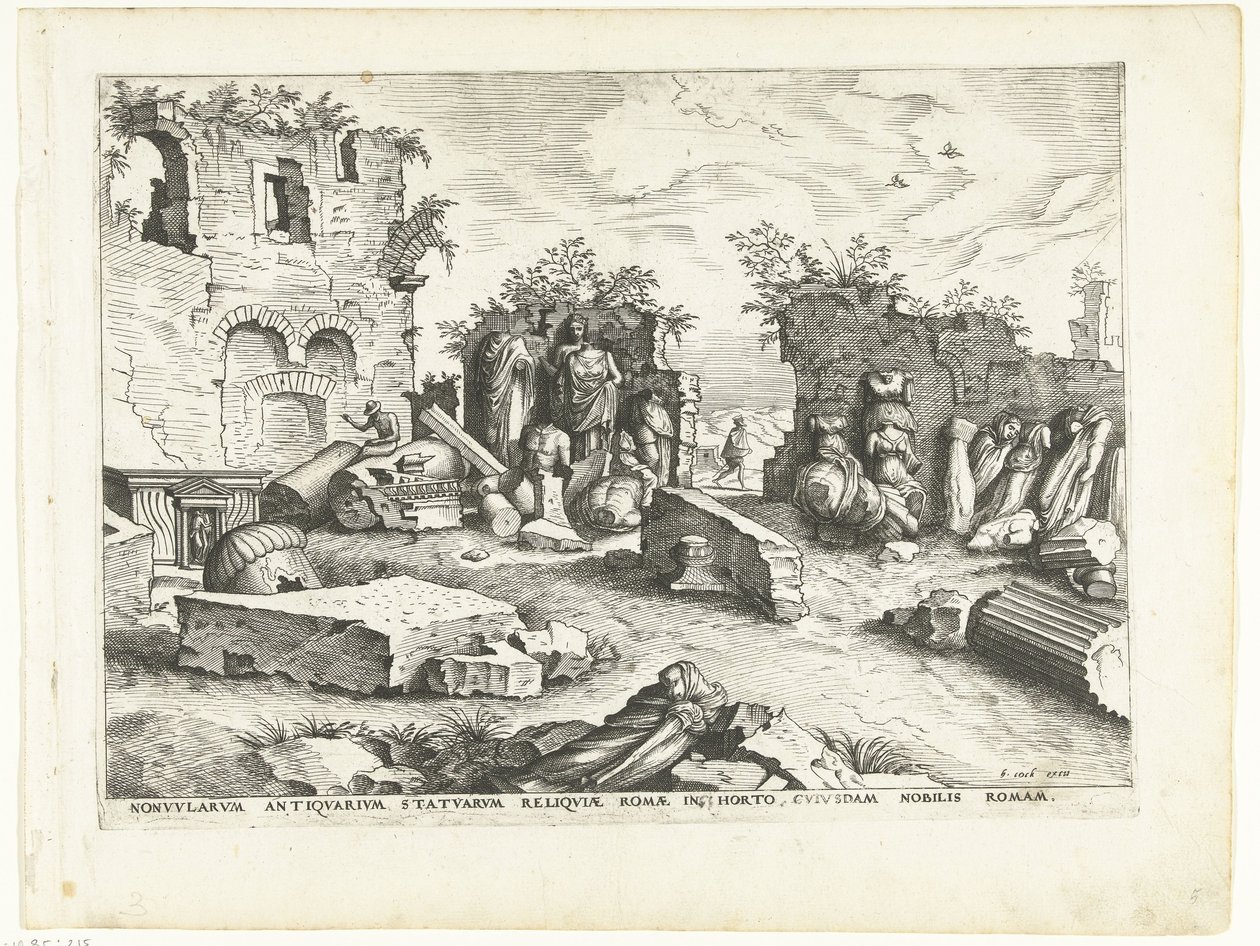 Tuin met brokstukken van antieke beelden door Johannes of Lucas van Doetechum (attributed to)