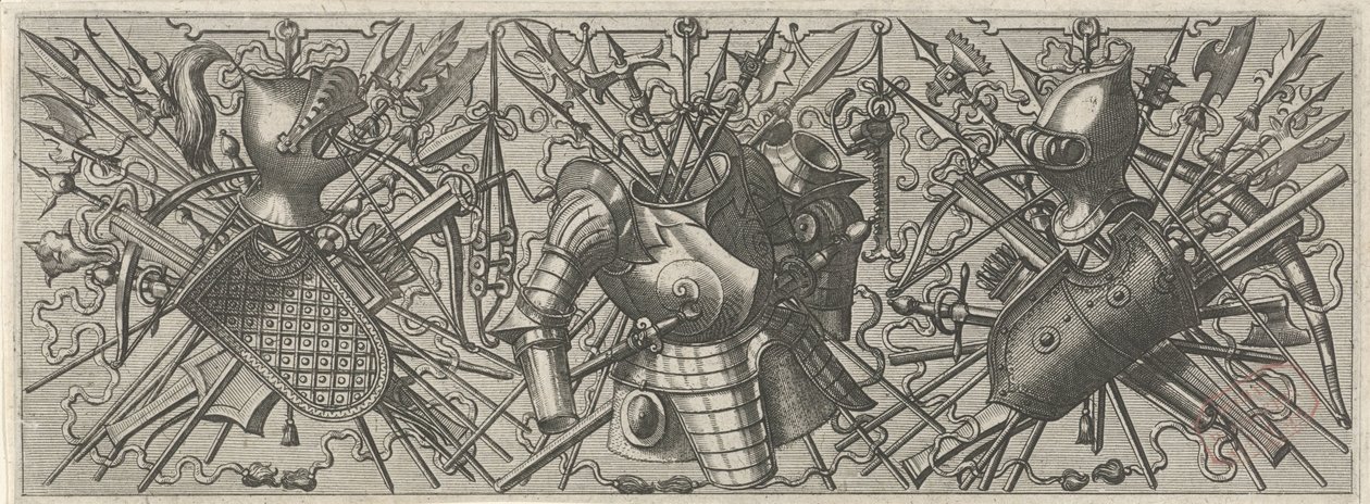 Fries met links een helm, een schild en gekruiste stokwapens en kruisbogen door Johannes of Lucas van Doetechum