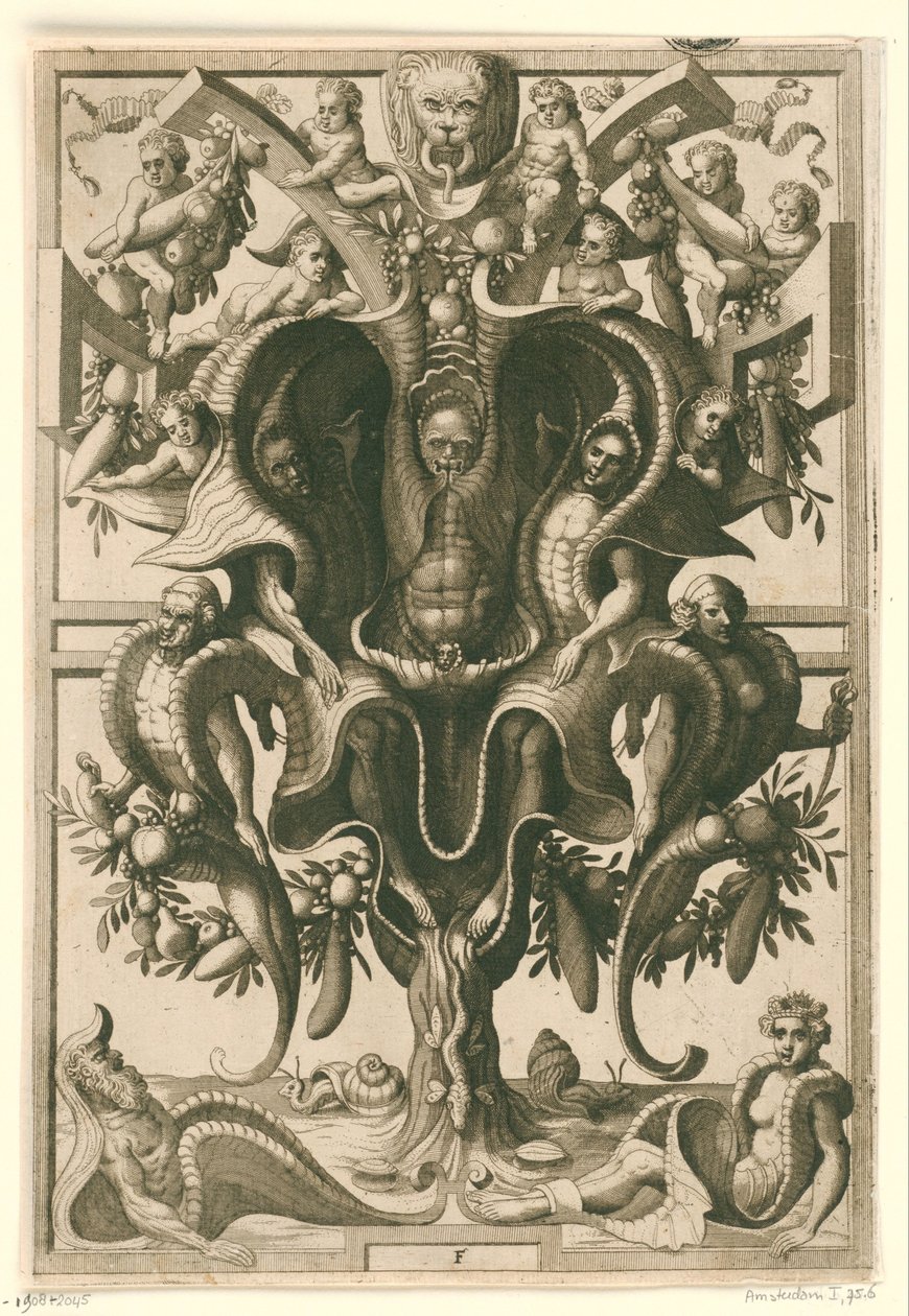 Schelpachtig ornament waarin figuren gevangen zitten door Johannes of Lucas van Doetechum