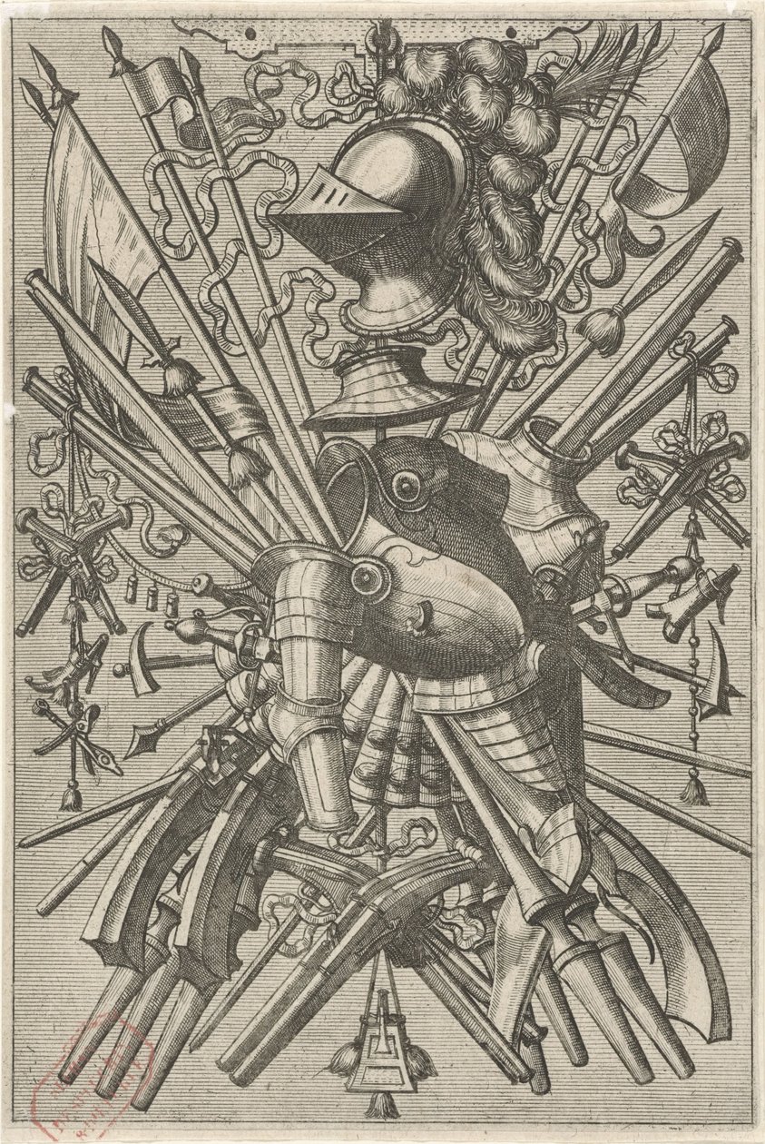 Vlakdecoratie, bestaande uit een wapentrofee door Johannes of Lucas van Doetechum