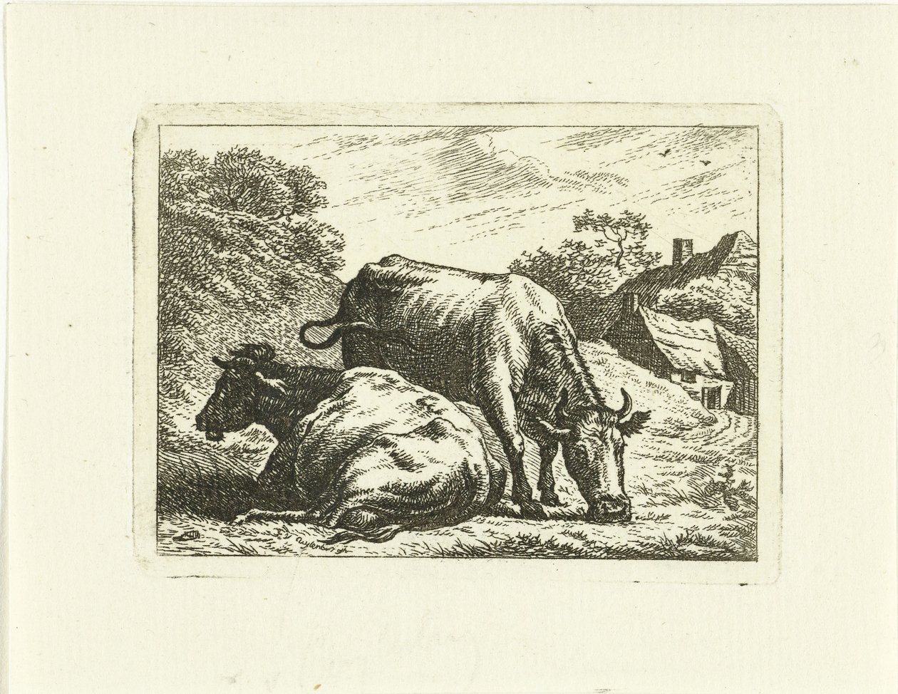 Twee koeien langs weg bij boerderij door Johannes van Cuylenburgh