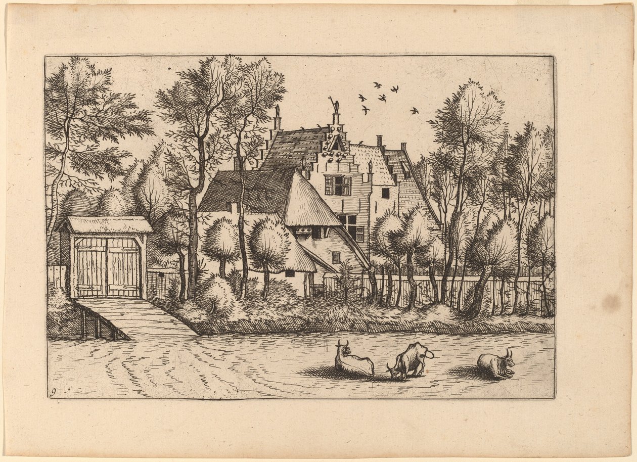 Landhuis met een sloot door Johannes van Doetechum, the Elder and Lucas