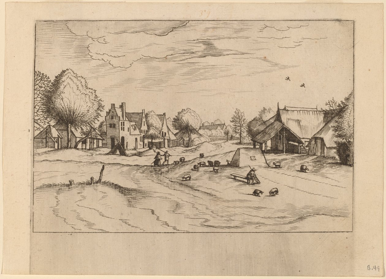Dorp met schapen en zittende herder door Johannes van Doetechum, the Elder and Lucas