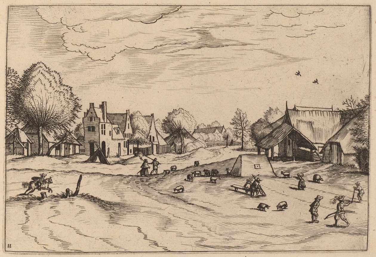 Dorp met Schapen en Zittende Herder door Johannes van Doetechum, the Elder and Lucas