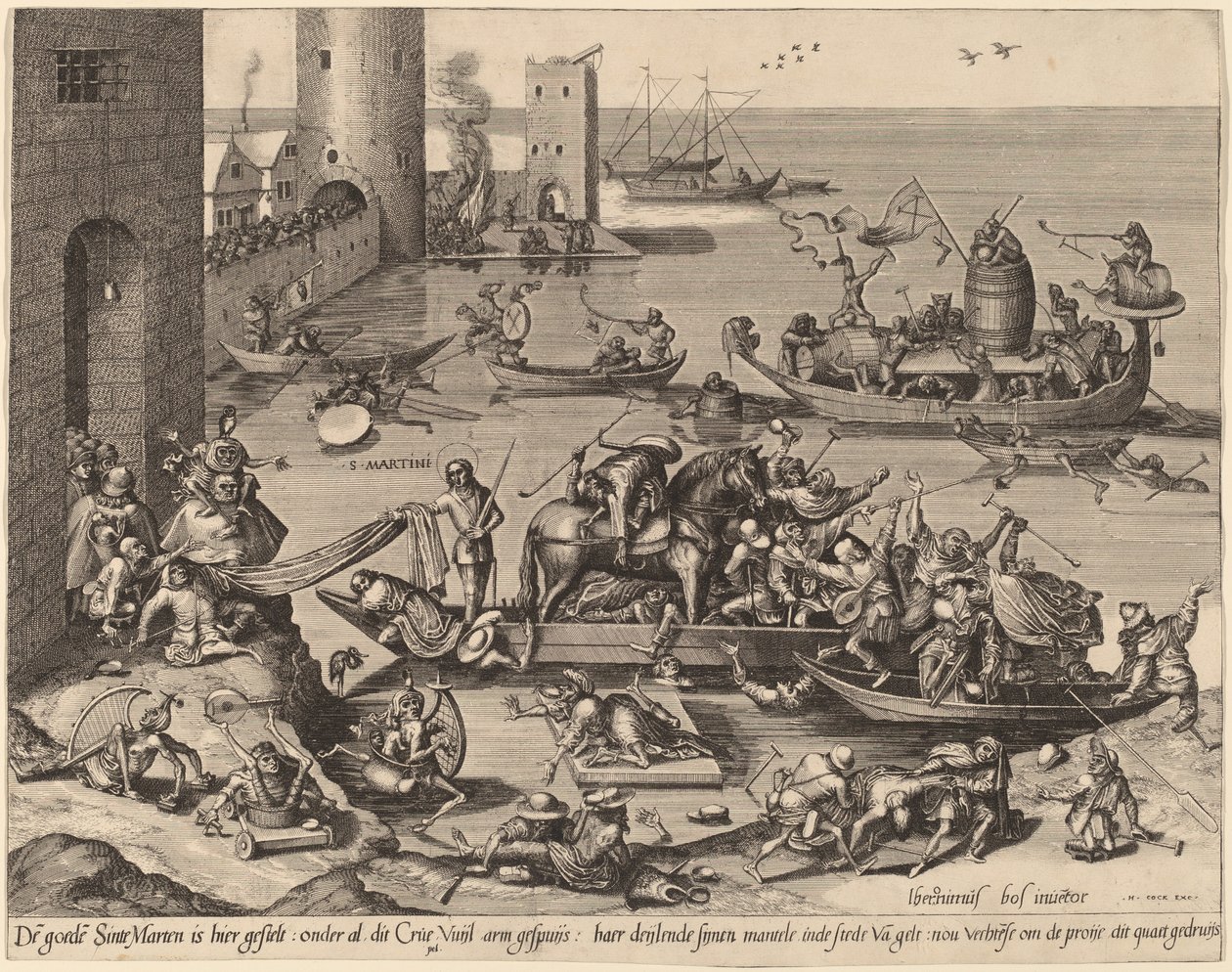 Sint Martin met zijn paard op een schip door Johannes van Doetechum, the Elder, and Lucas