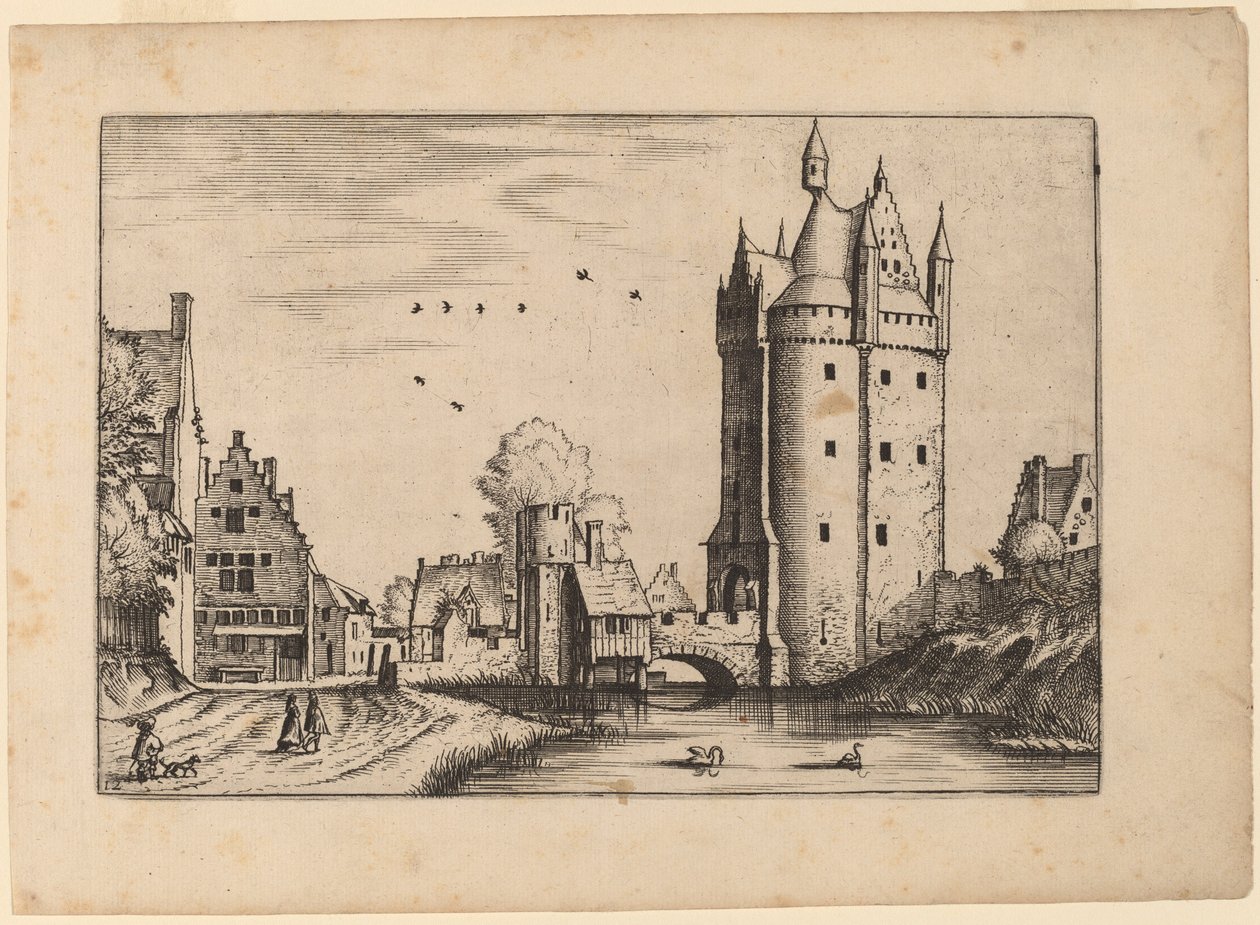 Stadspoort met landhuizen door Johannes van Doetechum, the Elder and Lucas