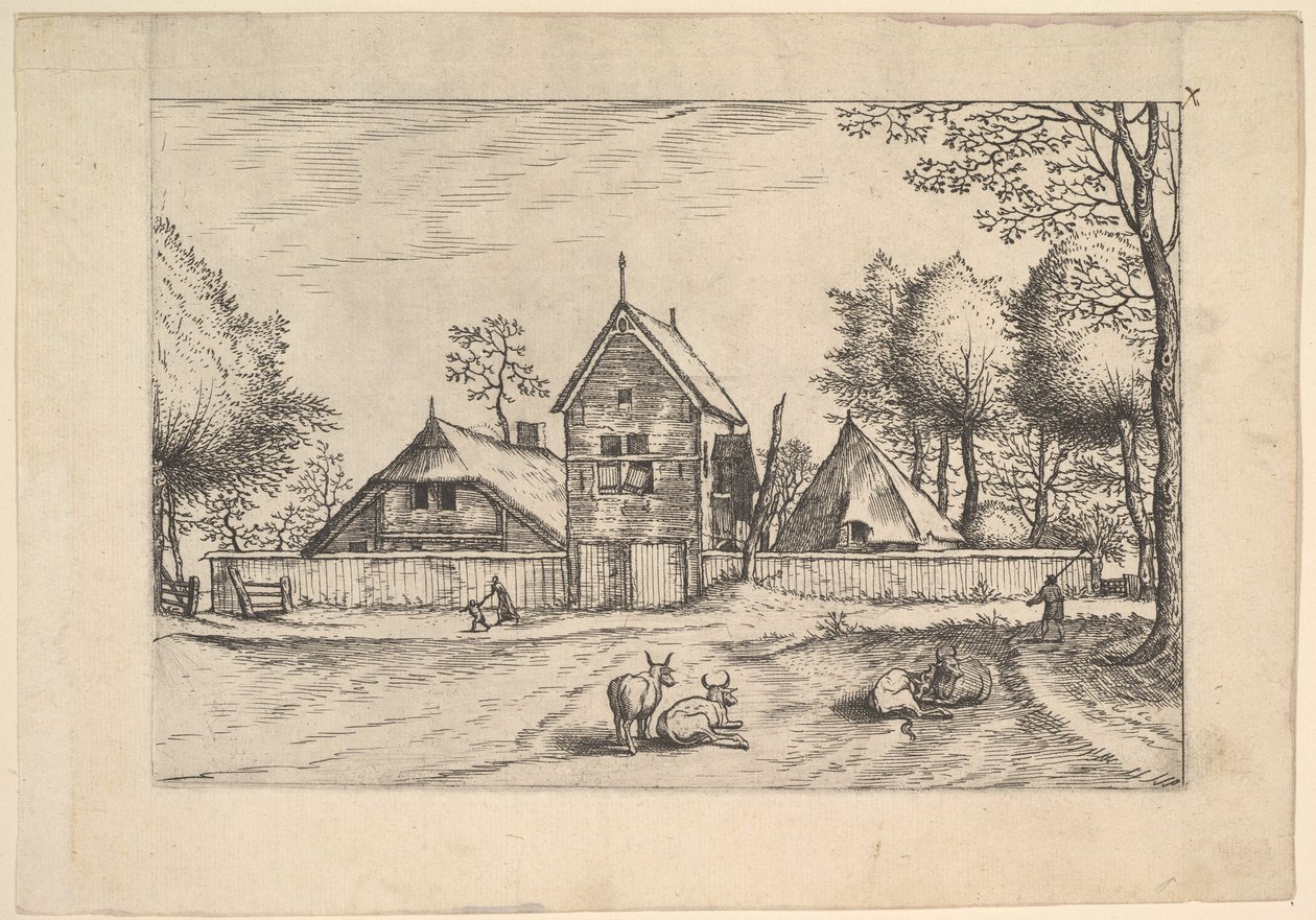 Boerderij, koeien en herder op de voorgrond van Praediorum villarum et rusticar..., ca. 1559-61 door Johannes van Doetecum I