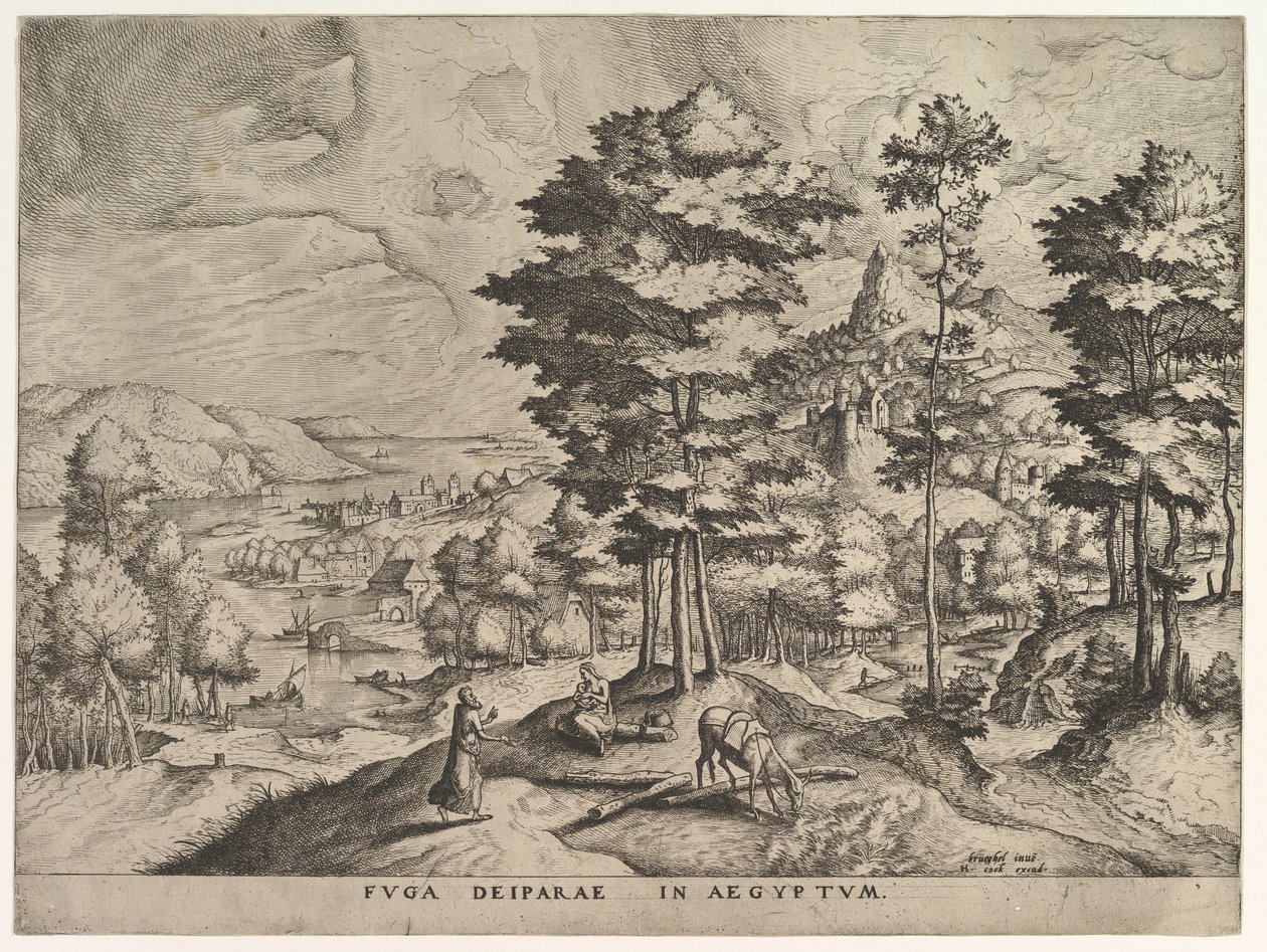 Vlucht naar Egypte Fuga deiparae in Aegyptum uit De Grote Landschappen, ca. 1555-56 door Johannes van Doetecum I