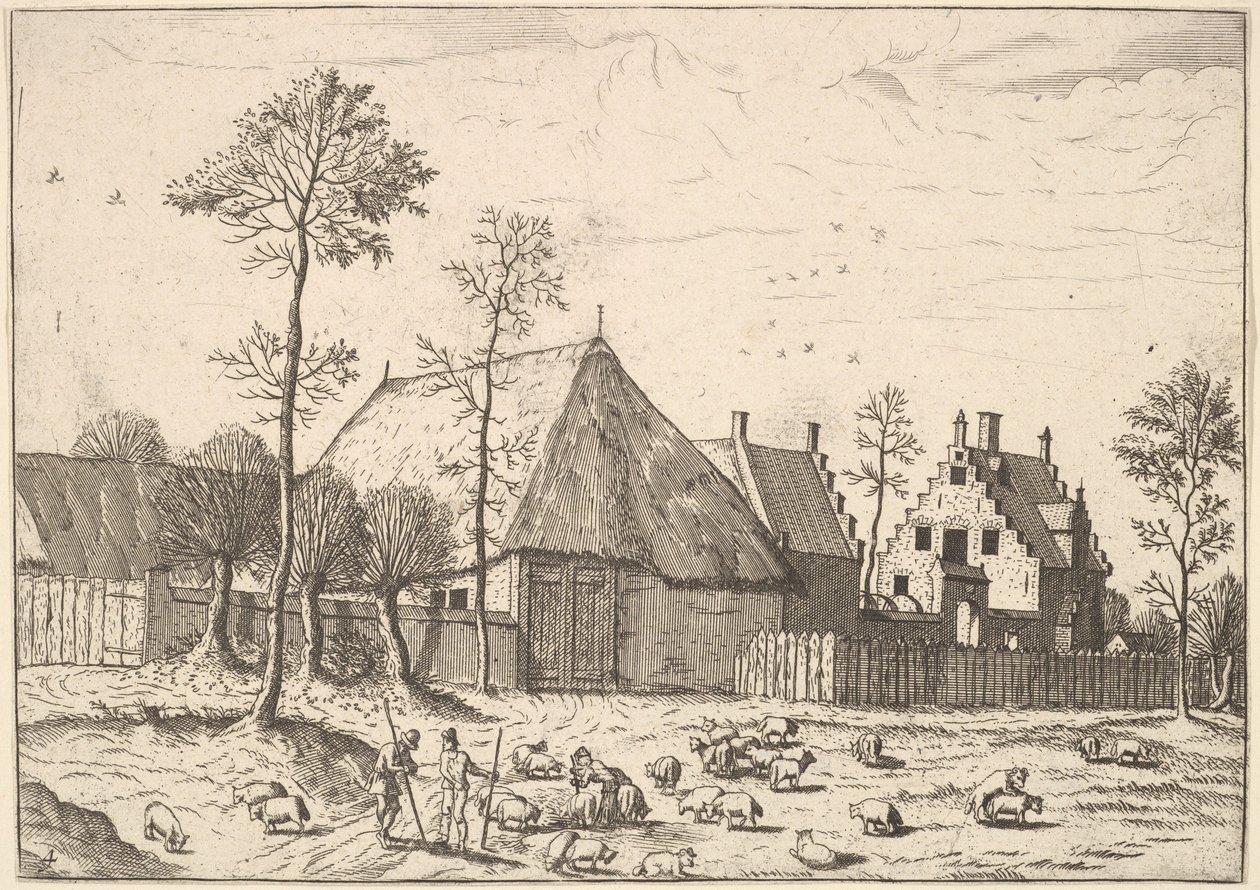 Schuur met huisje, uit De Kleine Landschappen, 1559-61 door Johannes van Doetecum I