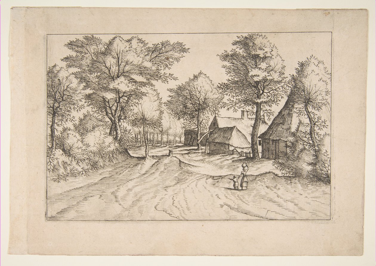 Dorpstraat met een Boerderij en Schuren, uit de serie, De Kleine Landschappen Multifariaru door Johannes van Doetecum I