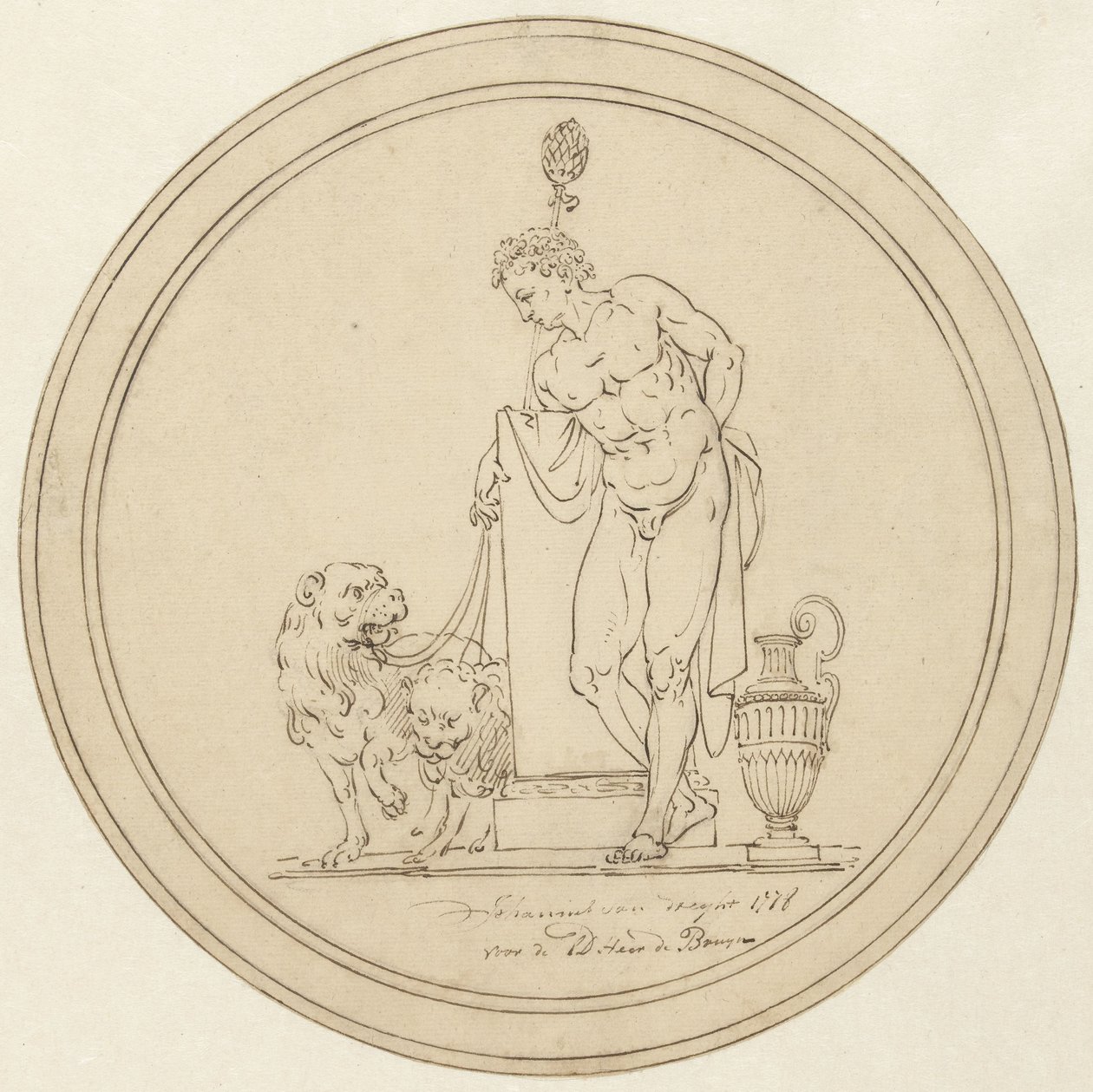 Allegorische mansfiguur, staande met twee leeuwen door Johannes van Dregt