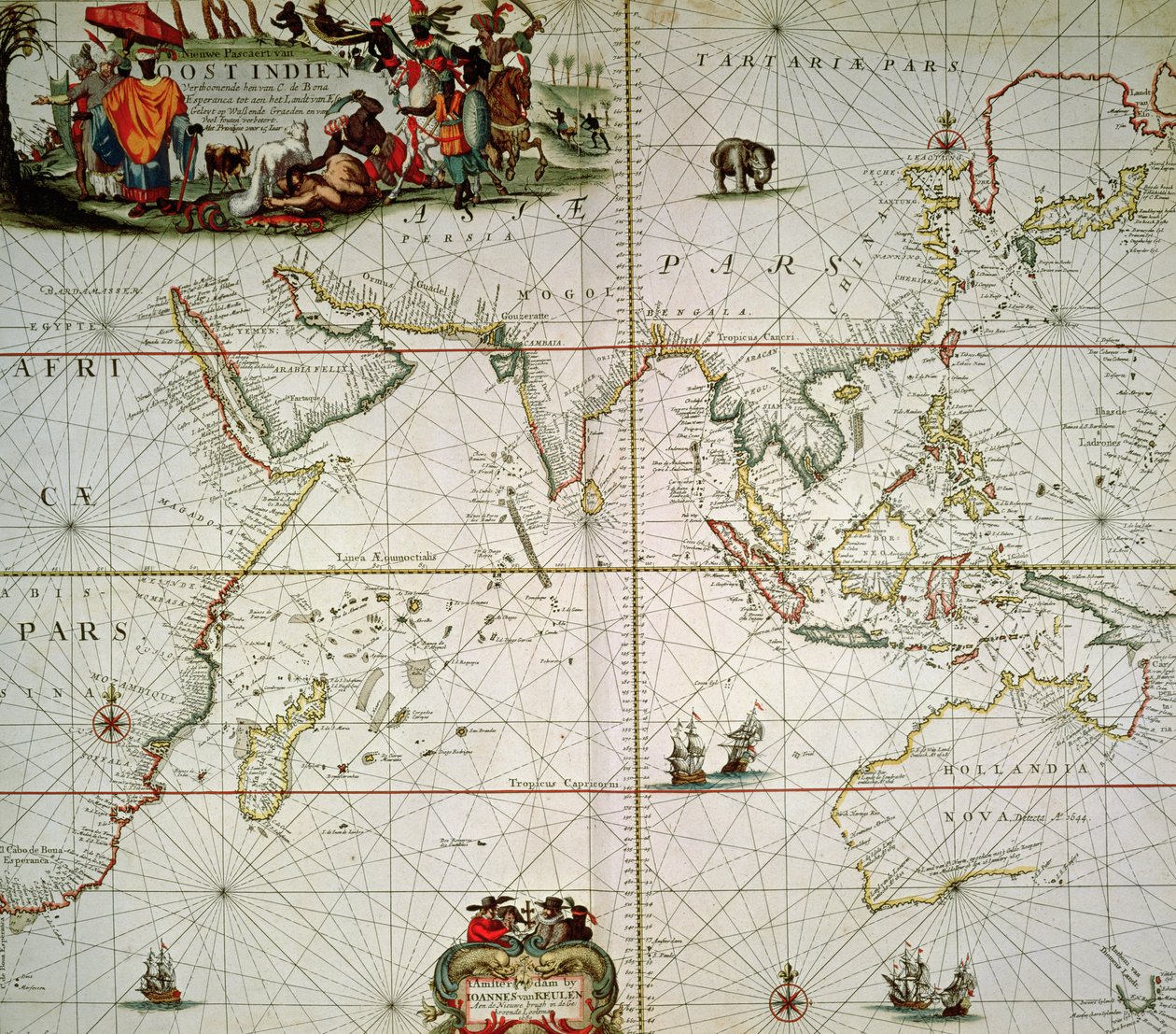 Kaart van Afrika, India, Indische Oceaan en Oost-Indië door Johannes van Keulen