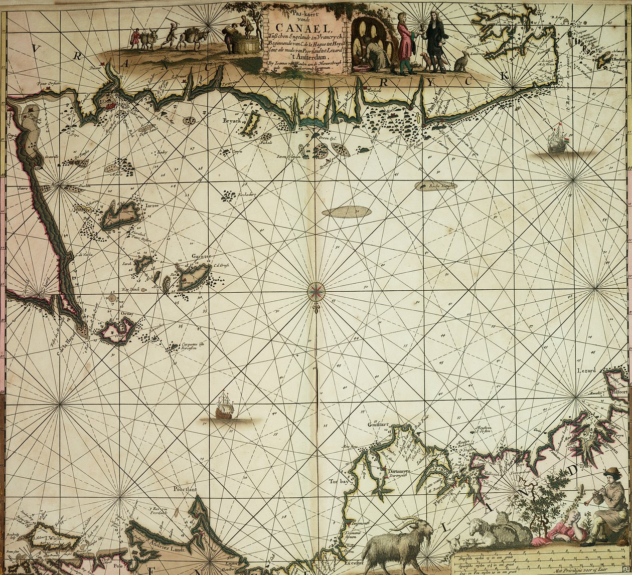 Pas-kaart van het Kanaal, tussen Engeland en Frankrijk, van Pleymuyen tot aan de Sorlinges, alsmede van Portbimel tot aan Heyssant door Johannes van Keulen