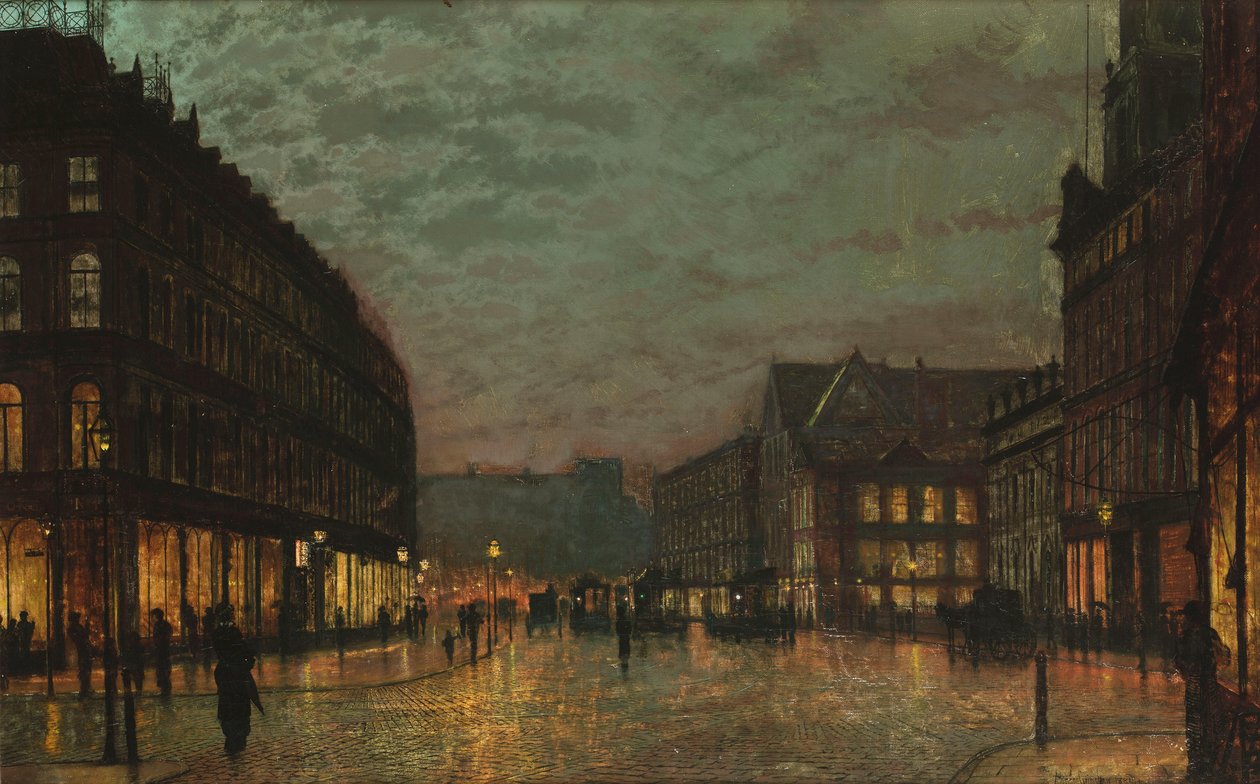 Boar Lane, Leeds, bij lantaarnlicht door John Atkinson Grimshaw