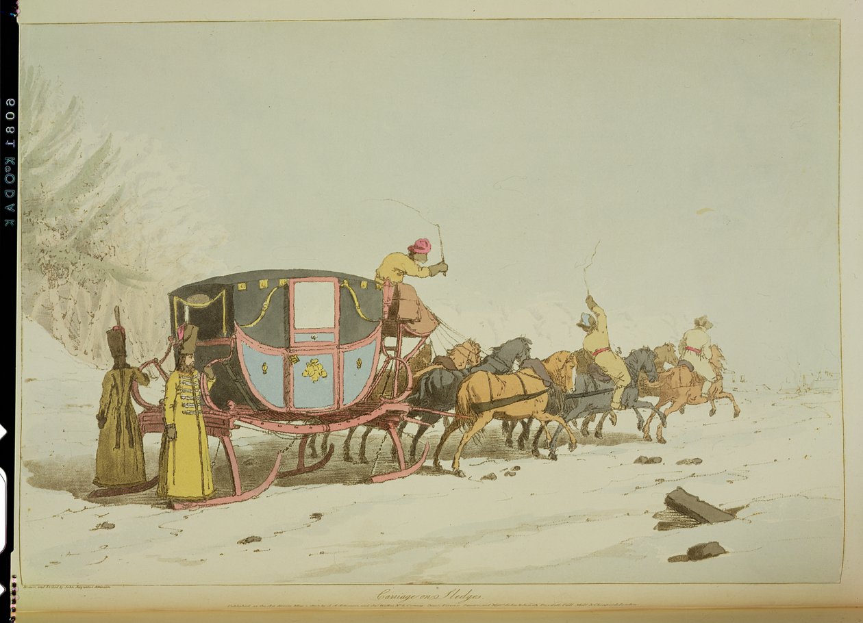 Koets op sleeën, geëtst door de kunstenaar, gepubliceerd 1803 door John Augustus Atkinson