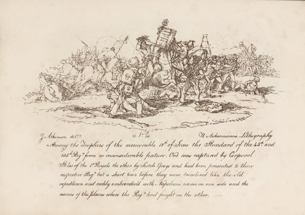 Korporaal Stiles van de 1e Royals, en de Scotchy Greys veroveren de standaarden van de 45e en 105e regimenten bij de Slag bij Waterloo, 18 juni 1815 door John Augustus Atkinson