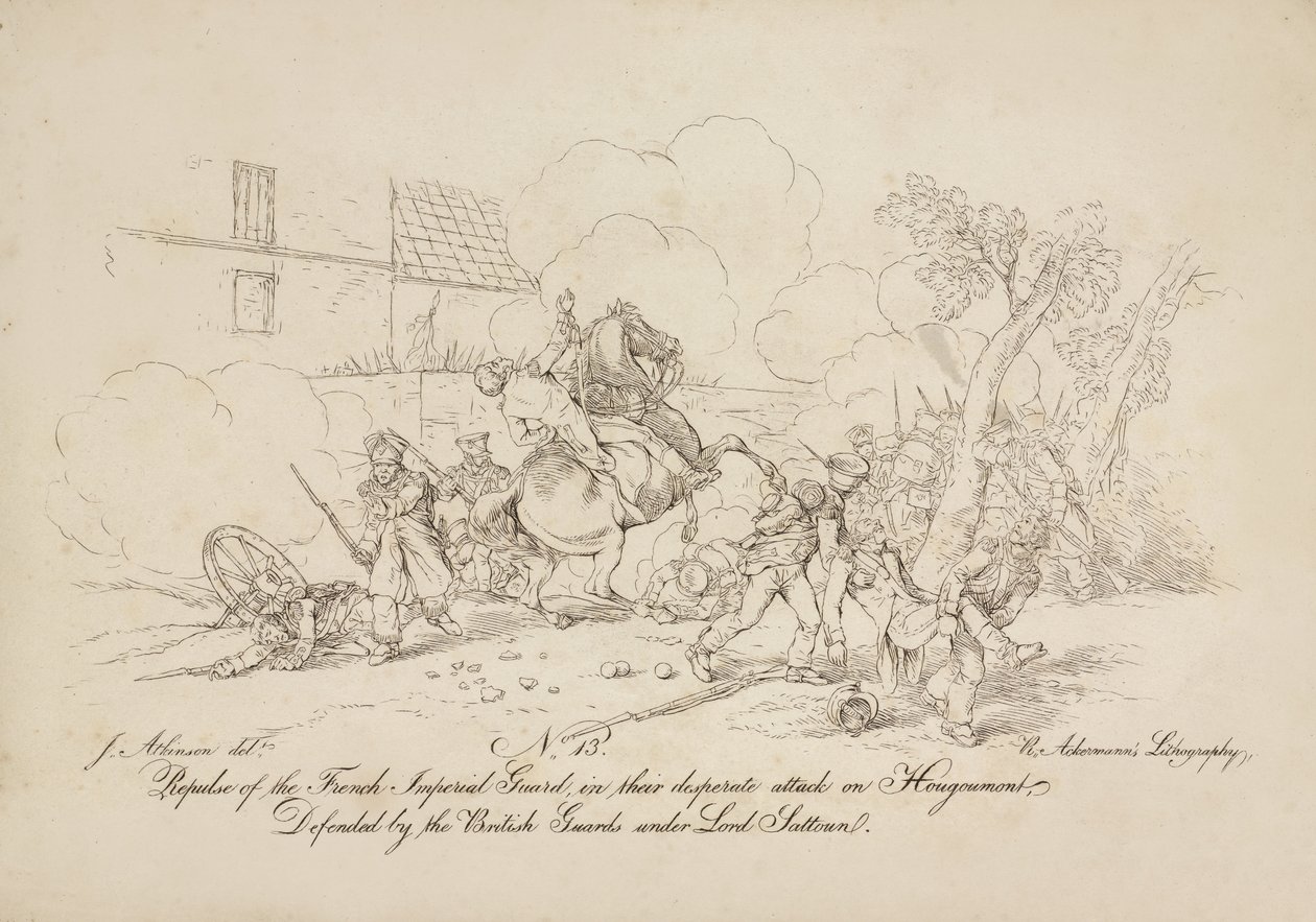 Terugslag van de Franse Keizerlijke Garde, in hun wanhopige aanval op Hougoumont, verdedigd door de Britse wacht onder Lord Saltoun, lithografie door R. Ackermann, 1815 door John Augustus Atkinson