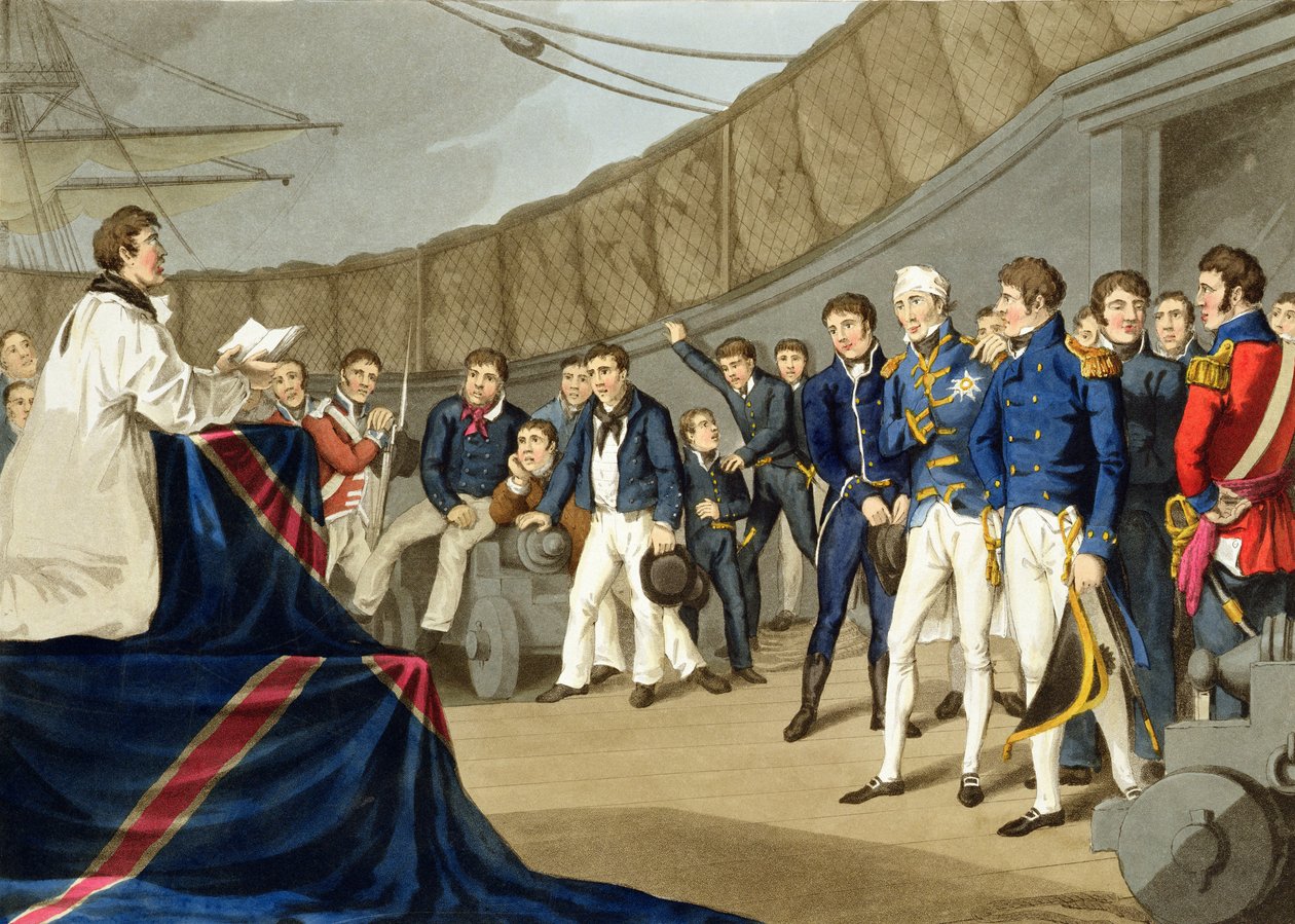 Zeelieden in gebed aan boord van Lord Nelson