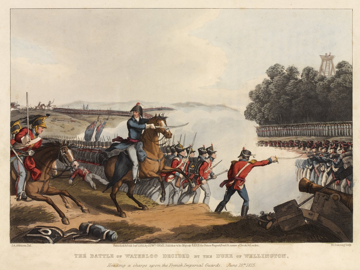 De slag bij Waterloo beslist door de hertog van Wellington, leidend een charge op de Franse Keizerlijke Garde, 18 juni 1815, gegraveerd door M. Dubourg, 1819 door John Augustus Atkinson