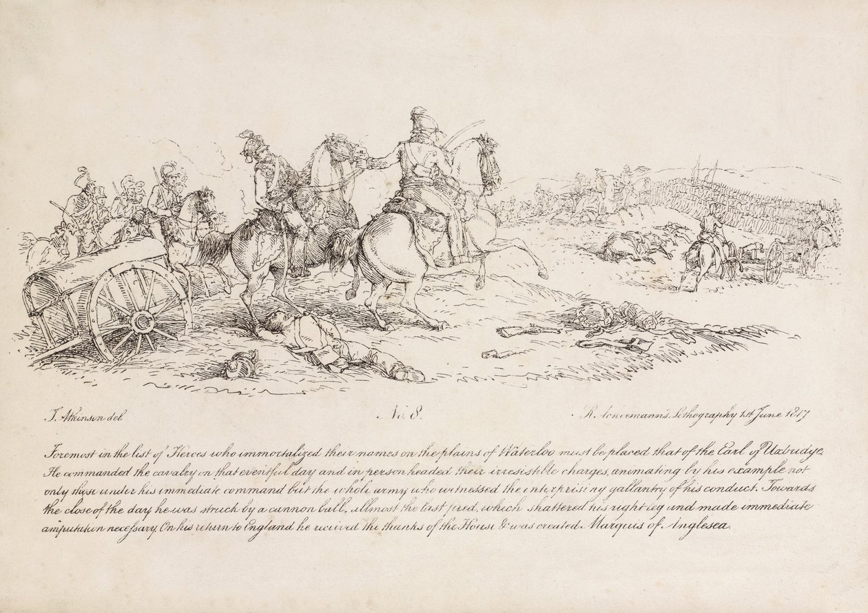 De Graaf van Uxbridge leidt een cavaleriecharge bij de Slag van Waterloo, zijn rechterbeen is net geraakt door een kanonskogel, lithografie door R. Ackermann, 1815 door John Augustus Atkinson